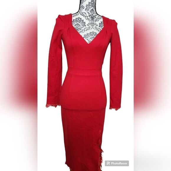 Malina Bonita Red Bodycon Lace Trim Midi Dress size Small - Picture 1 of 8